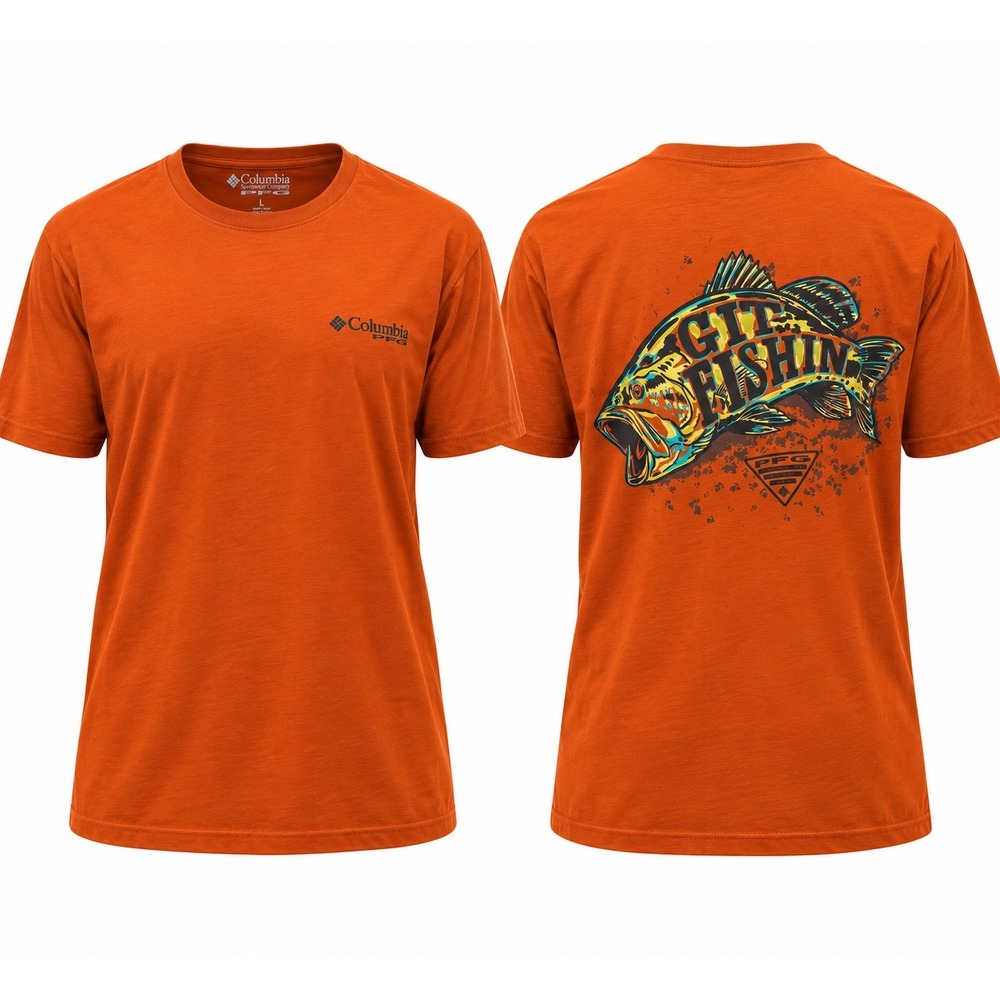 Columbia PFG Git Fishin Graphic T-Shirt Mens 4X Orange Bass Fish Cotton Tee
